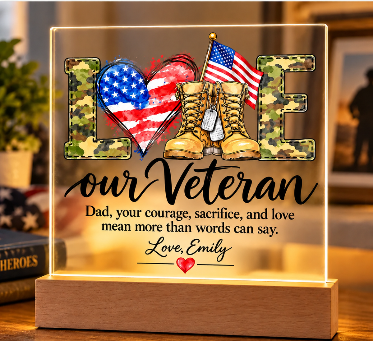 Personalized Veteran Dad Acrylic LED Plaque – Proud Military Father Gift from Daughter – Veterans Day Keepsake