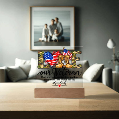 Personalized Veteran Dad Acrylic LED Plaque – Proud Military Father Gift from Daughter – Veterans Day Keepsake