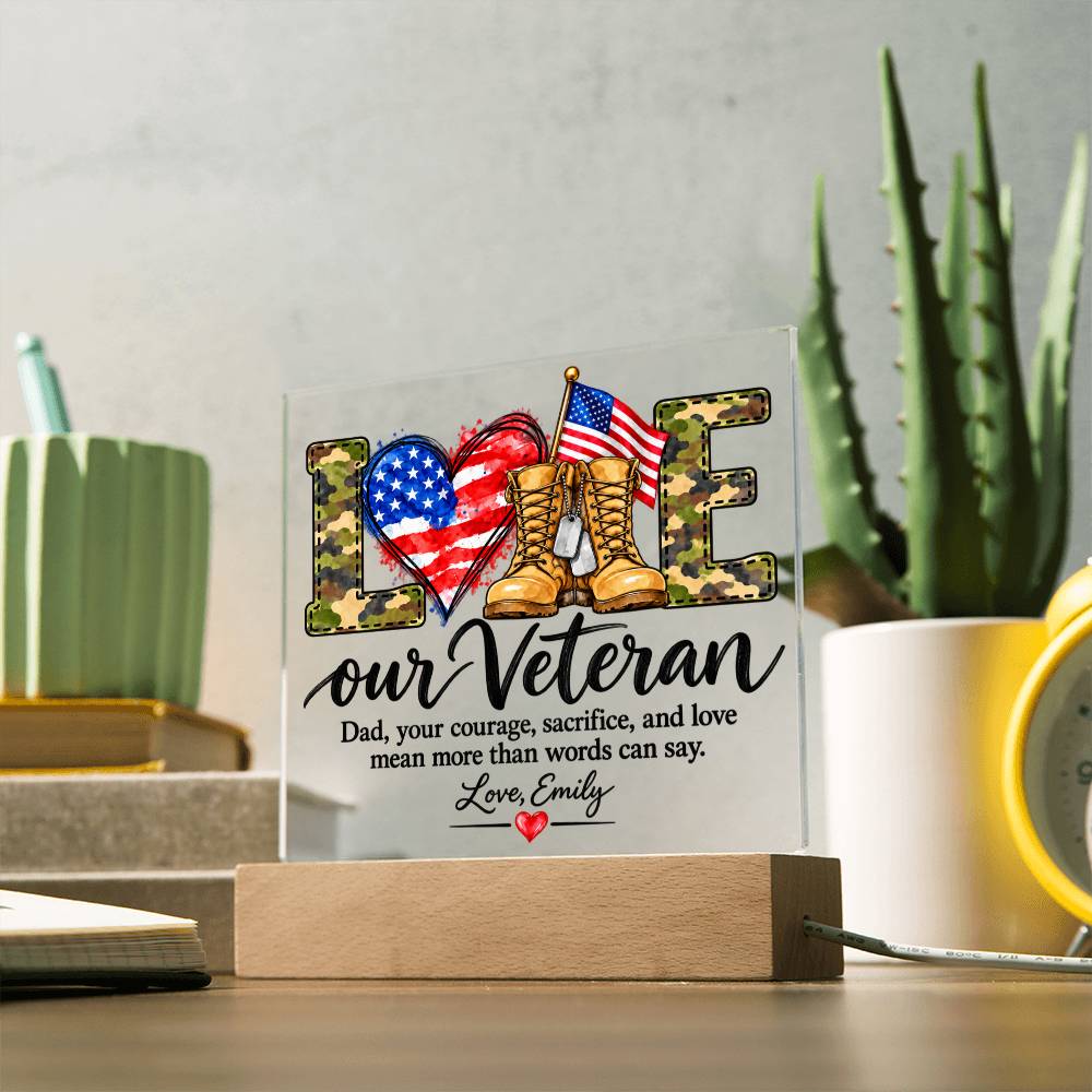 Personalized Veteran Dad Acrylic LED Plaque – Proud Military Father Gift from Daughter – Veterans Day Keepsake