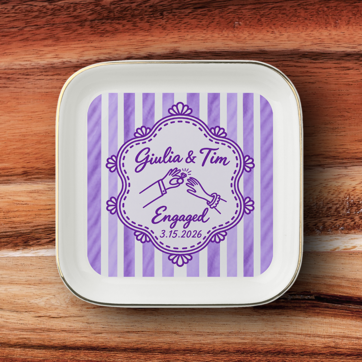 Personalized Engagement Jewelry Dish – Custom Names & Date