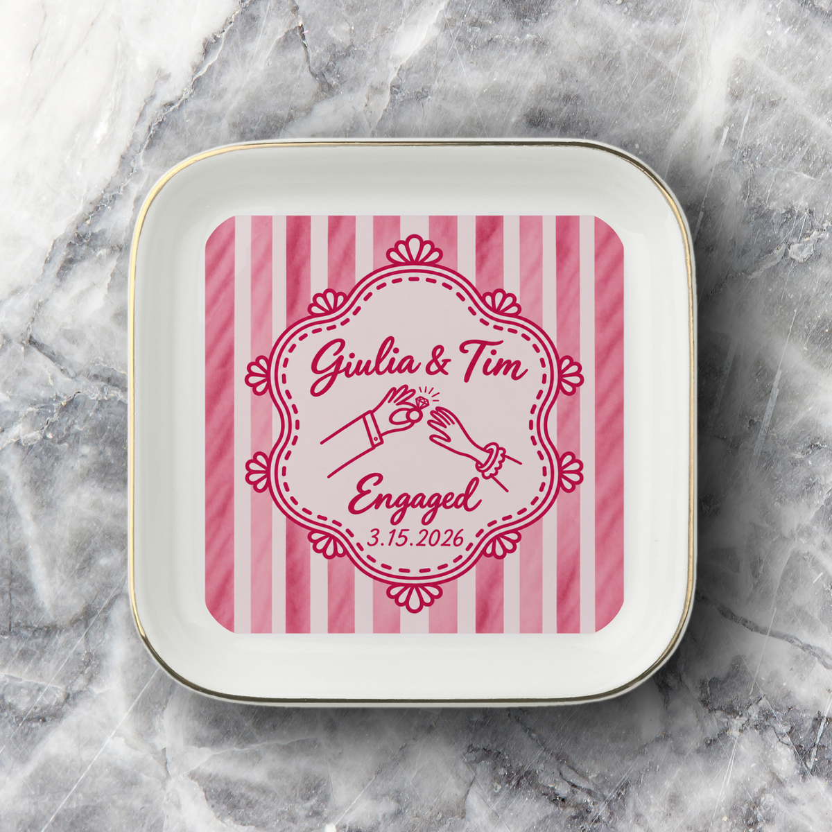 Personalized Engagement Jewelry Dish – Custom Names & Date