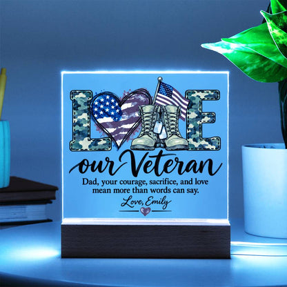 Personalized Veteran Dad Acrylic LED Plaque – Proud Military Father Gift from Daughter – Veterans Day Keepsake