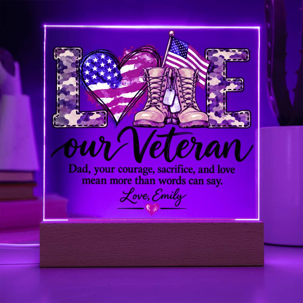 Personalized Veteran Dad Acrylic LED Plaque – Proud Military Father Gift from Daughter – Veterans Day Keepsake