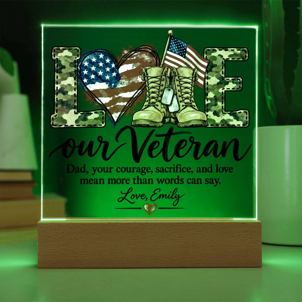 Personalized Veteran Dad Acrylic LED Plaque – Proud Military Father Gift from Daughter – Veterans Day Keepsake
