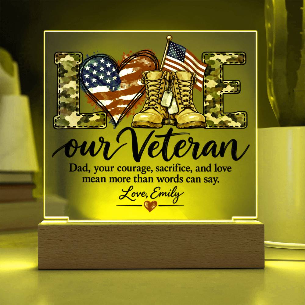 Personalized Veteran Dad Acrylic LED Plaque – Proud Military Father Gift from Daughter – Veterans Day Keepsake