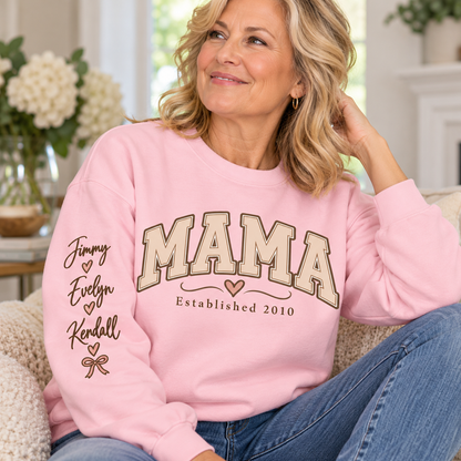 Personalized MAMA Sweatshirt – Custom Kids' Names on Sleeve & Established Year | Gift for Mom