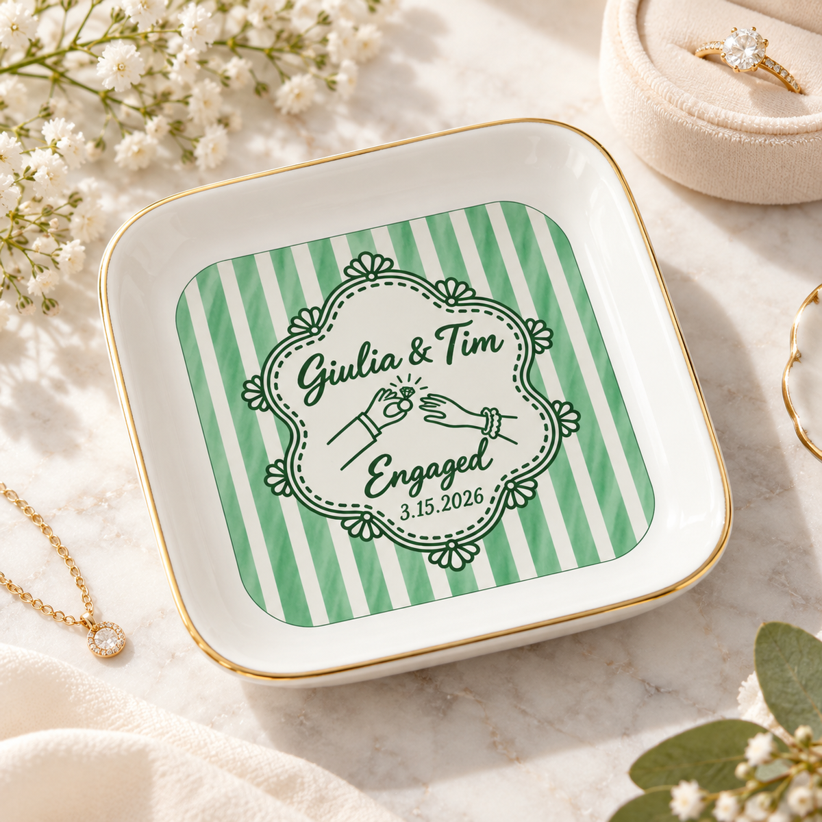 Personalized Engagement Jewelry Dish – Custom Names & Date