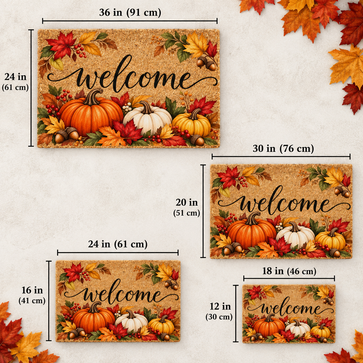 Fall Welcome Doormat – Autumn Pumpkin & Harvest Leaves Front Door Mat