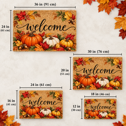 Fall Welcome Doormat – Autumn Pumpkin & Harvest Leaves Front Door Mat