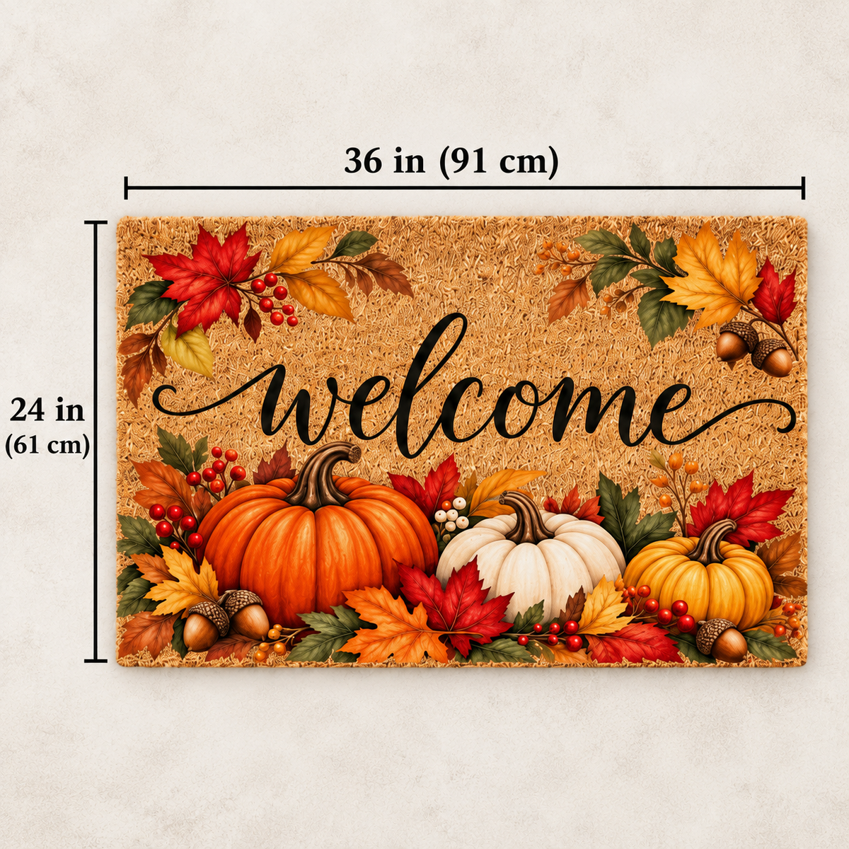 Fall Welcome Doormat – Autumn Pumpkin & Harvest Leaves Front Door Mat