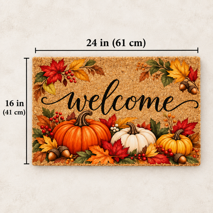 Fall Welcome Doormat – Autumn Pumpkin & Harvest Leaves Front Door Mat