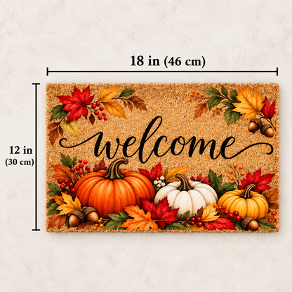 Fall Welcome Doormat – Autumn Pumpkin & Harvest Leaves Front Door Mat
