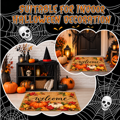 Fall Welcome Doormat – Autumn Pumpkin & Harvest Leaves Front Door Mat