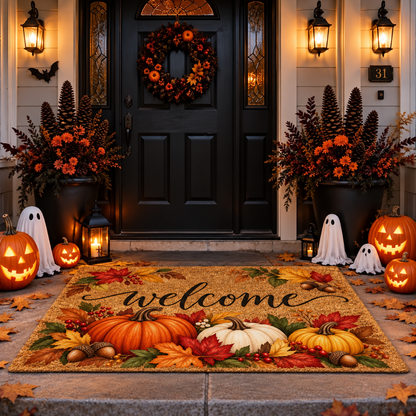 Fall Welcome Doormat – Autumn Pumpkin & Harvest Leaves Front Door Mat
