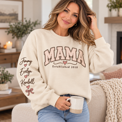 Personalized MAMA Sweatshirt – Custom Kids' Names on Sleeve & Established Year | Gift for Mom