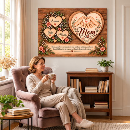 Personalized Mom Canvas Wall Art – Custom Kids' Names Heart Design – Sentimental Gift for Mom