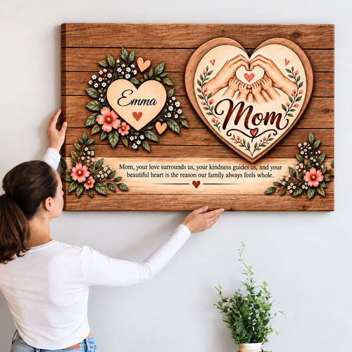 Personalized Mom Canvas Wall Art – Custom Kids' Names Heart Design – Sentimental Gift for Mom
