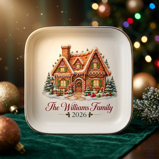 Personalized Family Name Christmas Jewelry Dish – Gingerbread House Keepsake