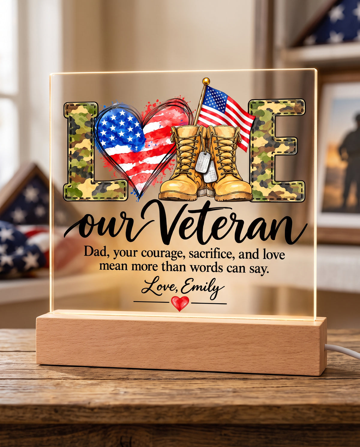 Personalized Veteran Dad Acrylic LED Plaque – Proud Military Father Gift from Daughter – Veterans Day Keepsake