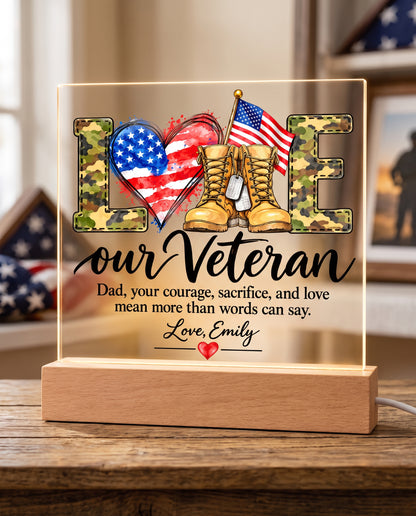 Personalized Veteran Dad Acrylic LED Plaque – Proud Military Father Gift from Daughter – Veterans Day Keepsake