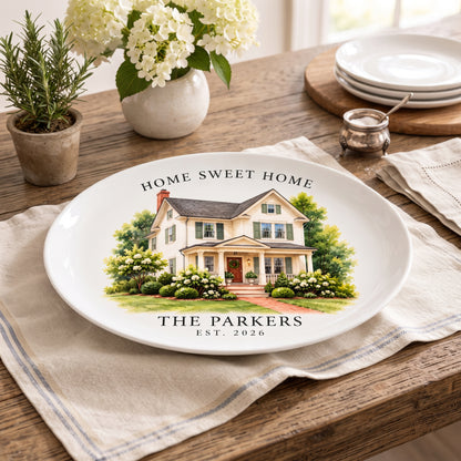Personalized Watercolor House Portrait Platter – Custom Home Keepsake Gift