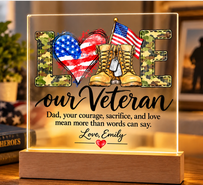 Personalized Veteran Dad Acrylic LED Plaque – Proud Military Father Gift from Daughter – Veterans Day Keepsake