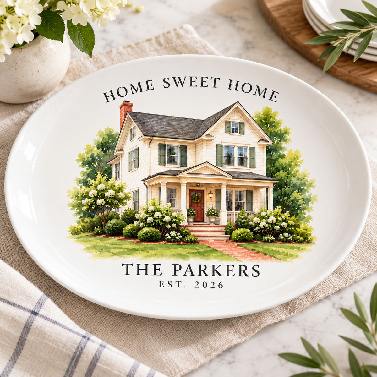 Personalized Watercolor House Portrait Platter – Custom Home Keepsake Gift