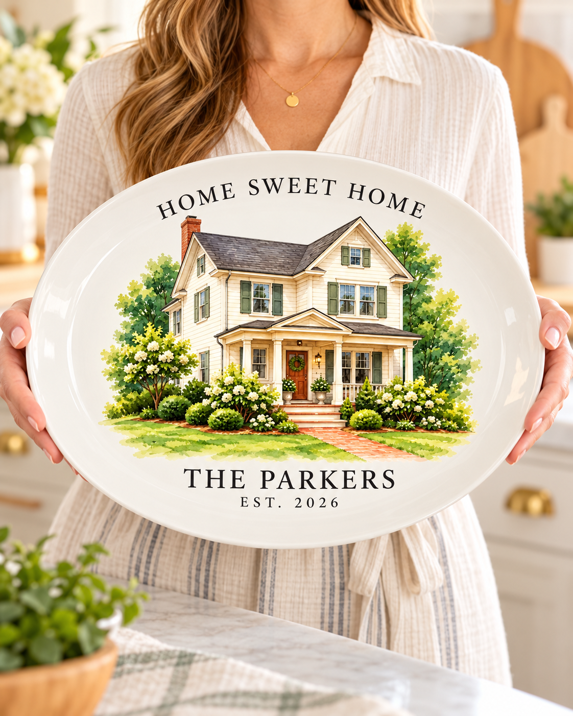 Personalized Watercolor House Portrait Platter – Custom Home Keepsake Gift