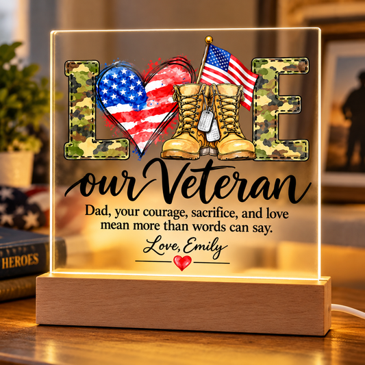 Personalized Veteran Dad Acrylic LED Plaque – Proud Military Father Gift from Daughter – Veterans Day Keepsake
