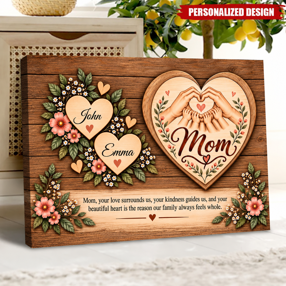 Personalized Mom Canvas Wall Art – Custom Kids' Names Heart Design – Sentimental Gift for Mom