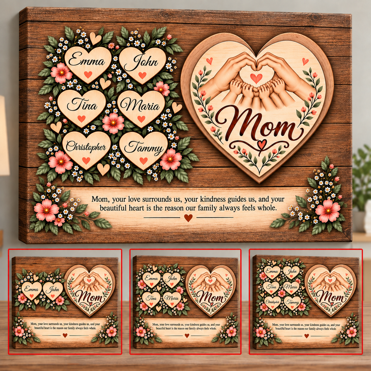 Personalized Mom Canvas Wall Art – Custom Kids' Names Heart Design – Sentimental Gift for Mom
