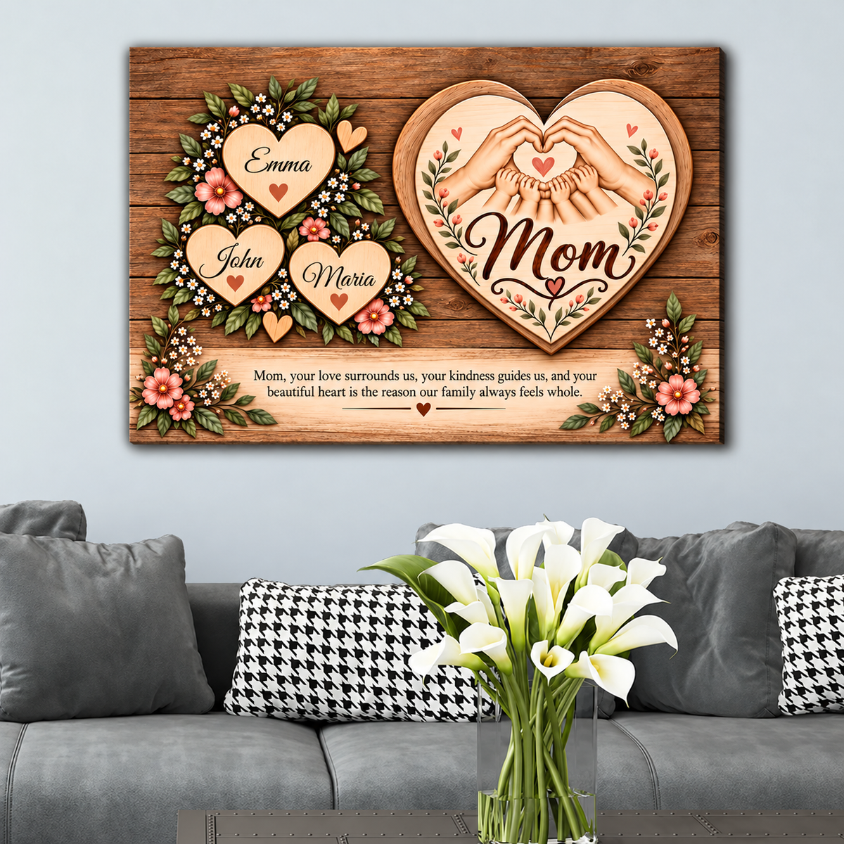 Personalized Mom Canvas Wall Art – Custom Kids' Names Heart Design – Sentimental Gift for Mom