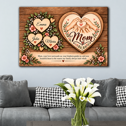 Personalized Mom Canvas Wall Art – Custom Kids' Names Heart Design – Sentimental Gift for Mom