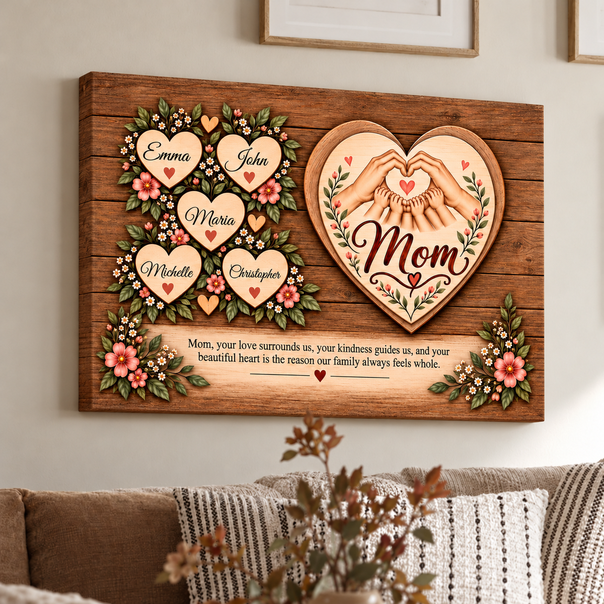 Personalized Mom Canvas Wall Art – Custom Kids' Names Heart Design – Sentimental Gift for Mom