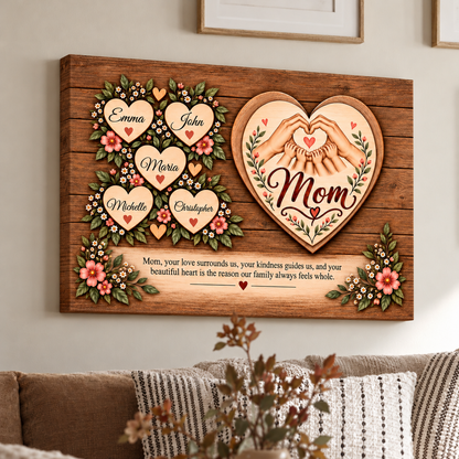 Personalized Mom Canvas Wall Art – Custom Kids' Names Heart Design – Sentimental Gift for Mom