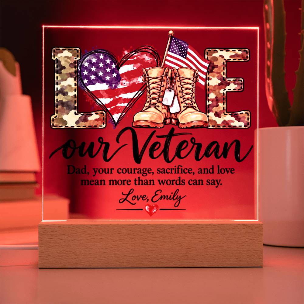 Personalized Veteran Dad Acrylic LED Plaque – Proud Military Father Gift from Daughter – Veterans Day Keepsake