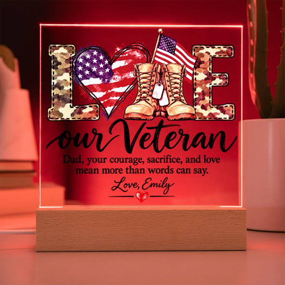 Personalized Veteran Dad Acrylic LED Plaque – Proud Military Father Gift from Daughter – Veterans Day Keepsake