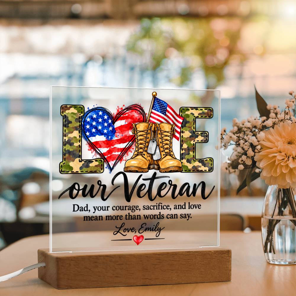 Personalized Veteran Dad Acrylic LED Plaque – Proud Military Father Gift from Daughter – Veterans Day Keepsake