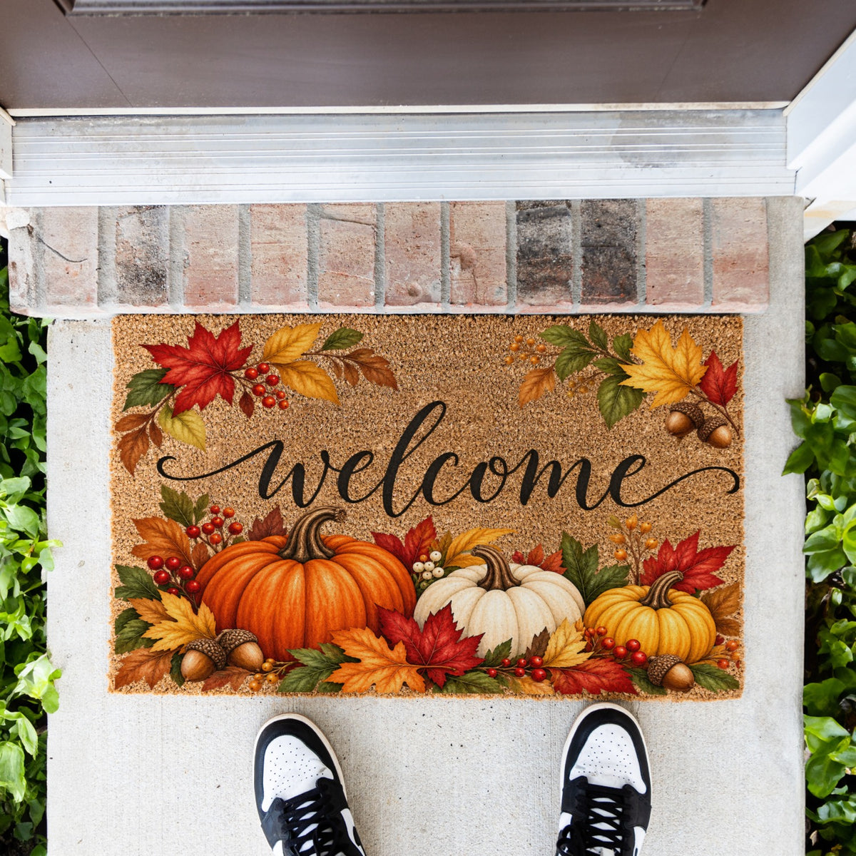 Fall Welcome Doormat – Autumn Pumpkin & Harvest Leaves Front Door Mat